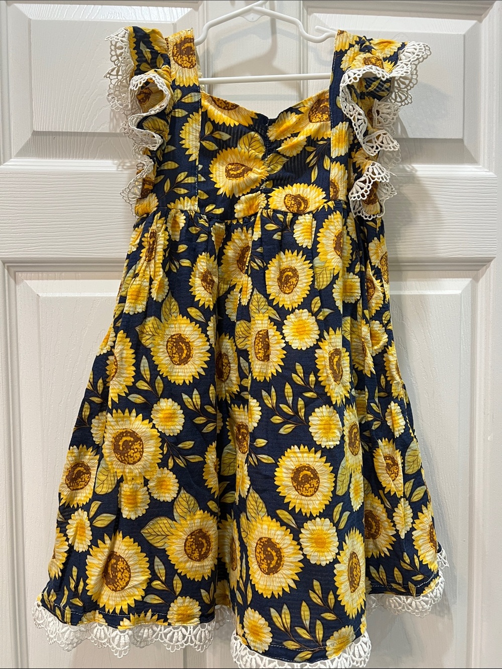 Girls Navy Sunflower Lace-Trim Dress